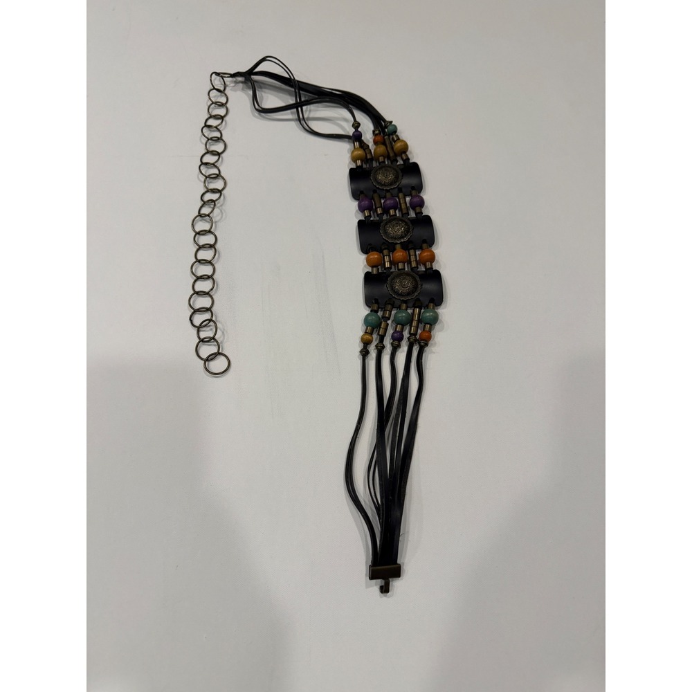Boho Western Concho Belt Black Leather Cord Wood Beads Festival Statement